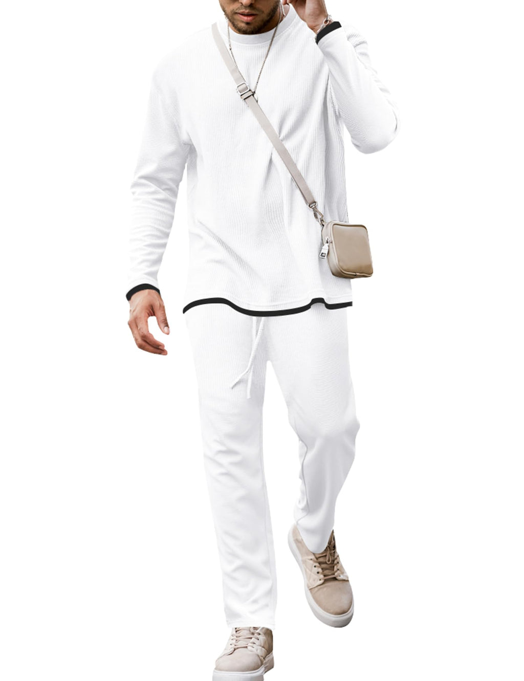 Babioboa Mens Winter Solid Tee Long Suit Casual T Shirt Tracksuit Waffle Striped Long Sleeve TShirt Set(WhiteXL)