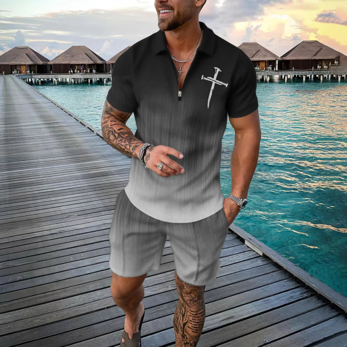 Summer 3D Print Men's Polo Shirt Set