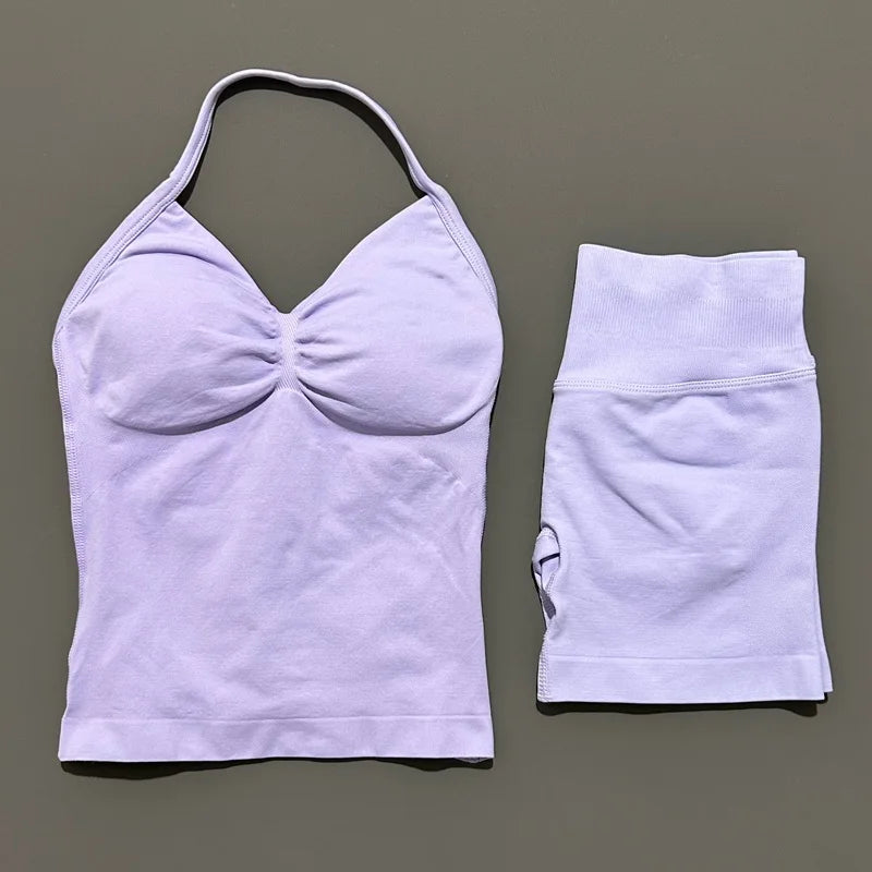 2 Piece Impact Sports Set Women Backless Halter Tops Fitness Tank Top High Waist Seamless High Stretch Shorts Gym Workout Sets