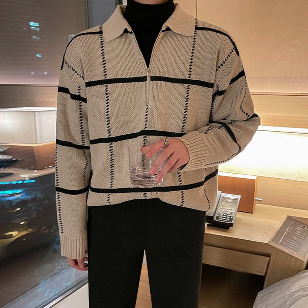 Men's Checkered Lapel Knit Polo Shirt