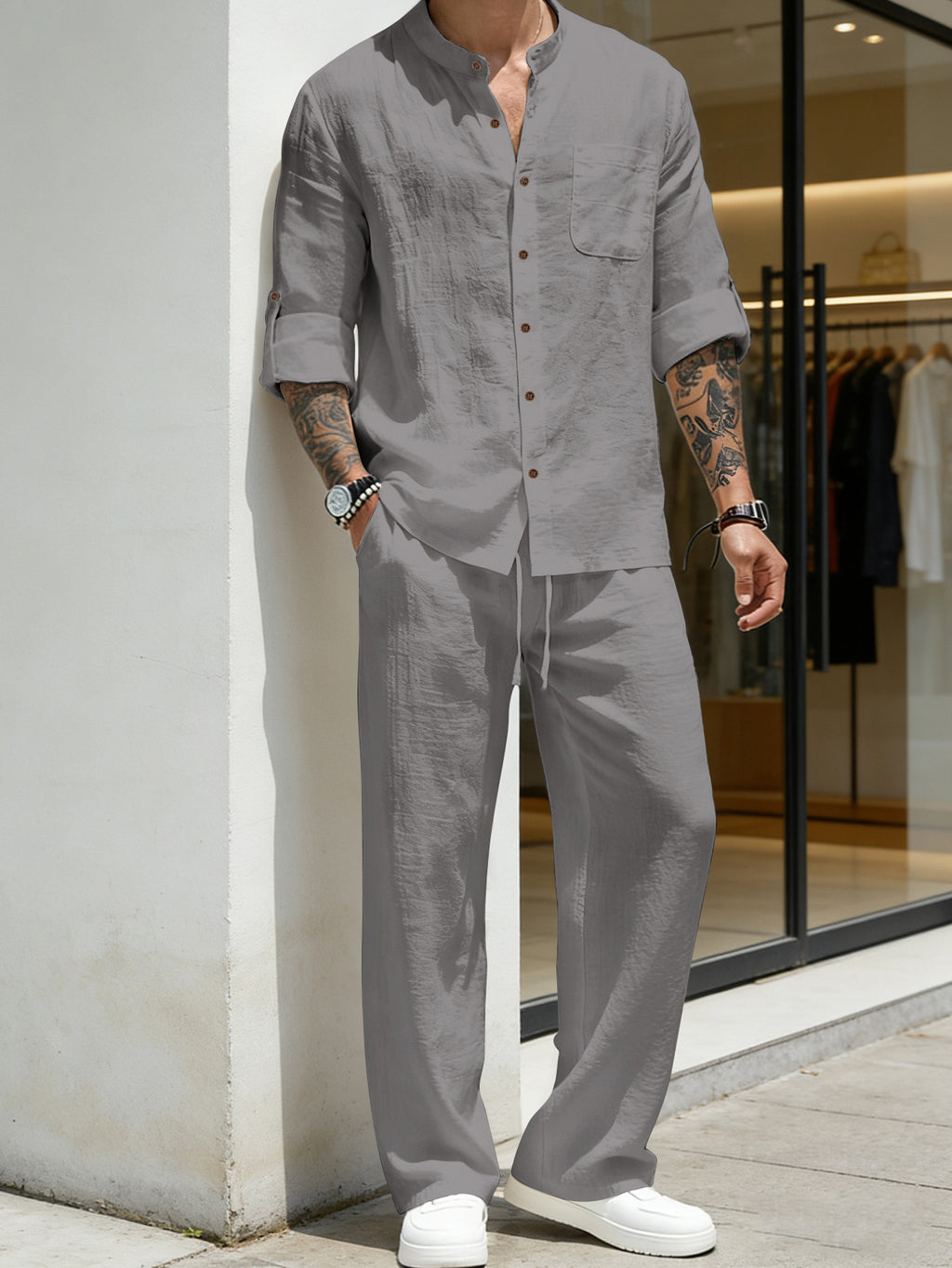 Mens Linen Stand Collar Shirt and Pants Set