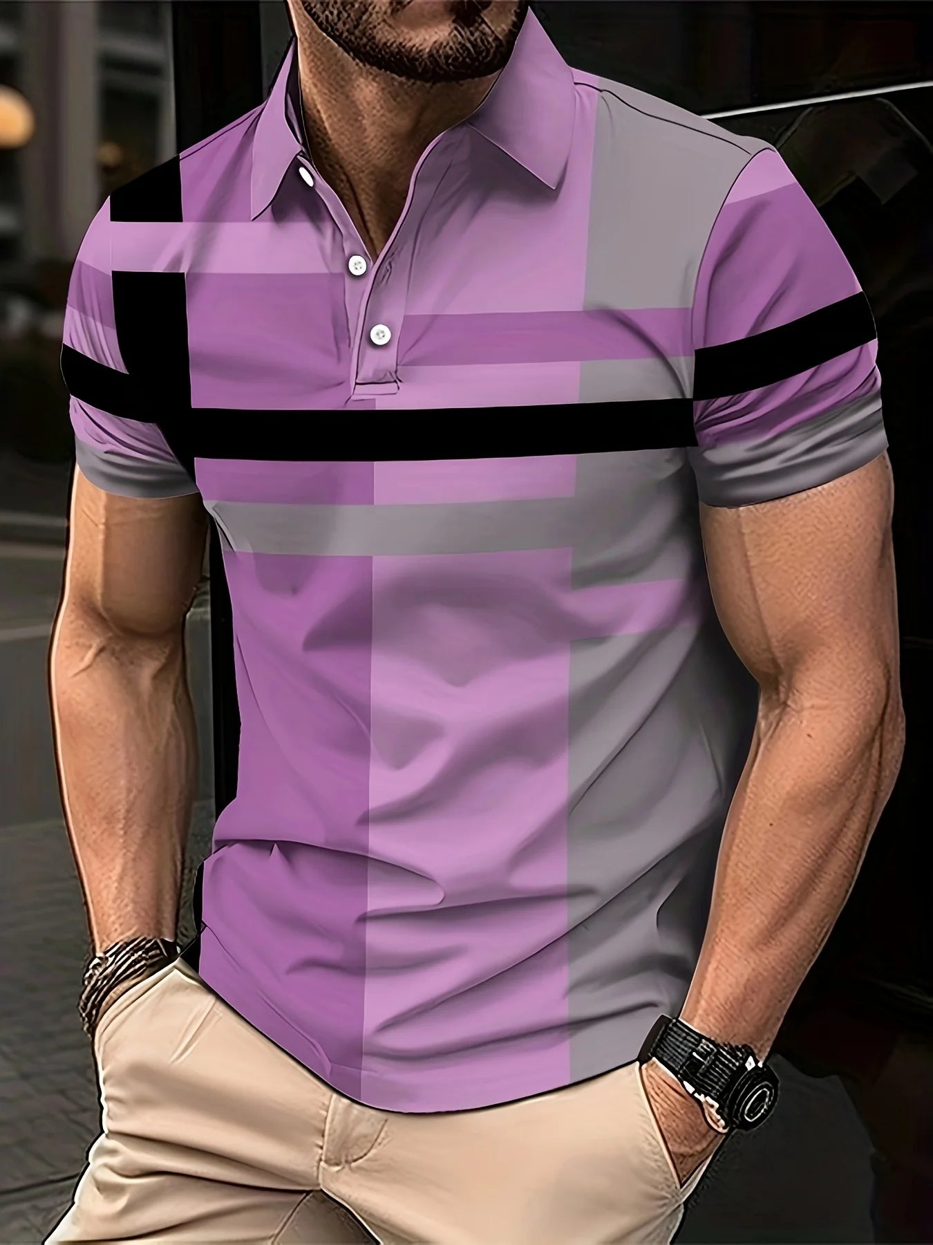 The new men's short-sleeved POLO shirt for summer 2025 features a casual and fashionable 3D striped pattern print