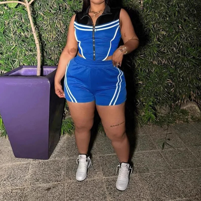 Slergiri Women's Casual Stripe Sleeveless O-Ring Zipper Crop Top with Shorts Elastic Slim Sports Two Piece Set Summer Streetwear