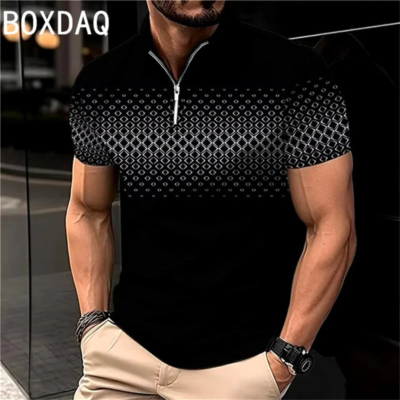 Vintage 3D Gradient Letter Printed Polo Shirt