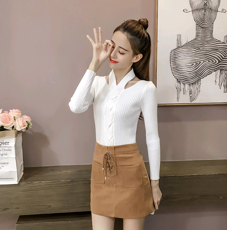 Women's Long Sleeve T-Shirt, Fashionable V-Neck Knit Top