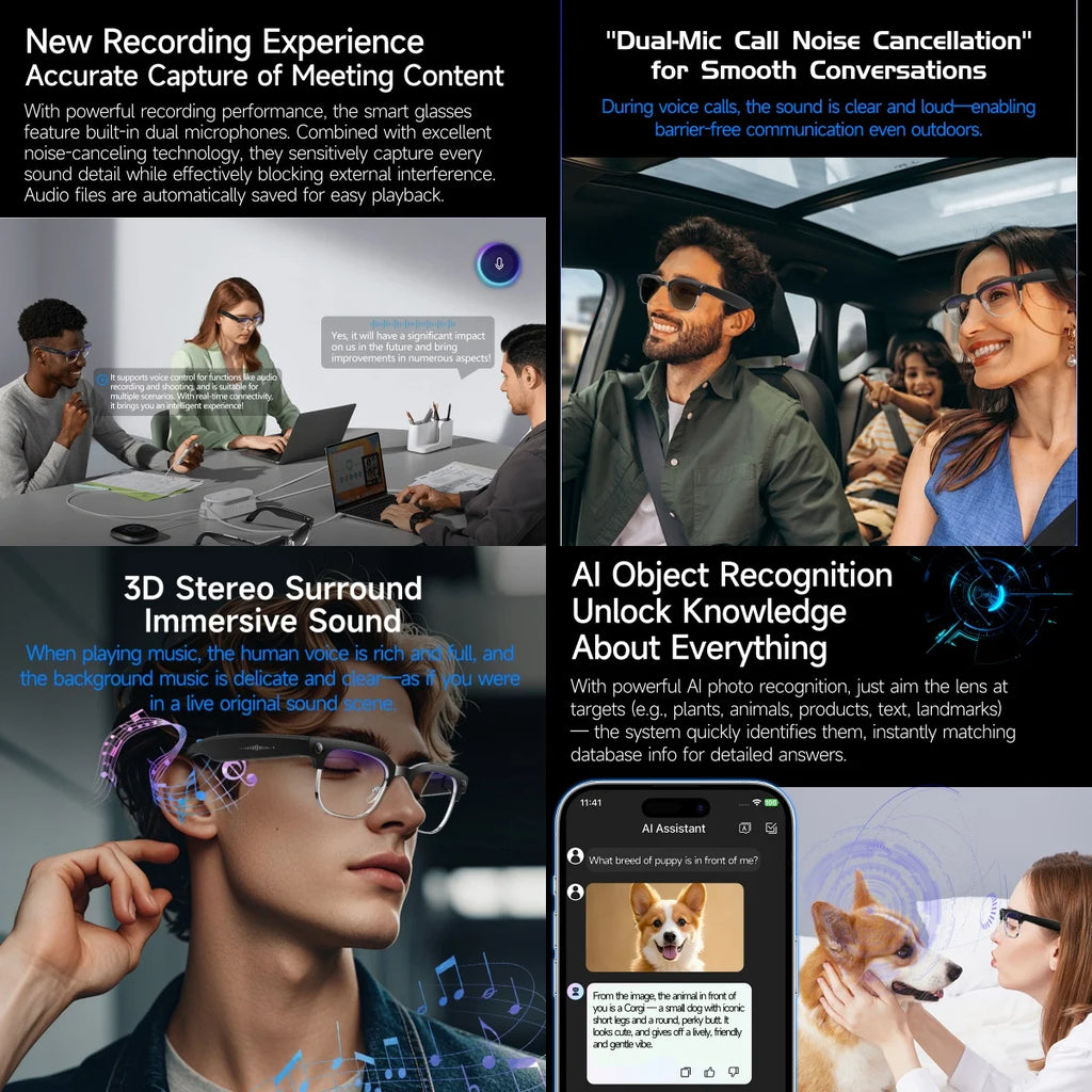 AI Smart Glasses 8MP Bluetooth Waterproof IP66 with Video Recording Photo Recognition Translation 290mAh Glasses for Everyday Us