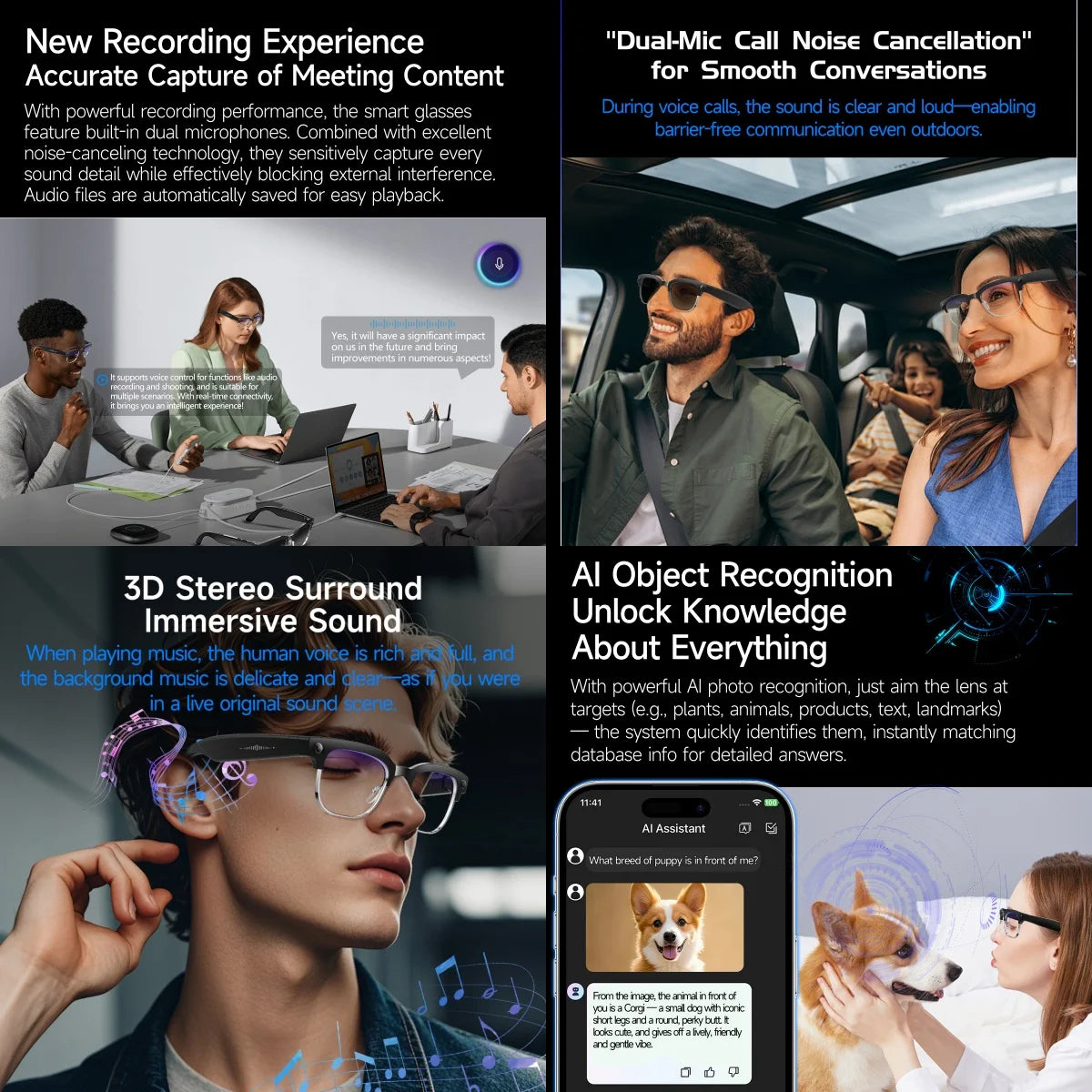 AI Smart Glasses 8MP Bluetooth Waterproof IP66 with Video Recording Photo Recognition Translation 290mAh Glasses for Everyday Us