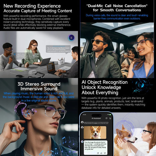 AI Smart Glasses 8MP Bluetooth Waterproof IP66 with Video Recording Photo Recognition Translation 290mAh Glasses for Everyday Us