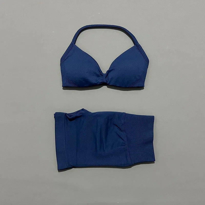 2 Piece Sports Set Women Strappy Yoga Bra Gym Workout Scrunch Shorts Sports Suit Fitness Clothes Seamless Yoga Set