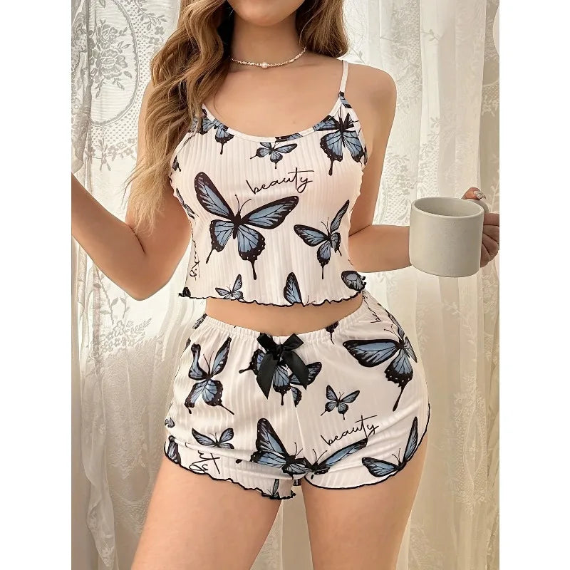 Women's Butterfly Print Pajama Set Sleeveless Crop Top and Shorts 2 Piece Set Casual Soft Loungewear for Women
