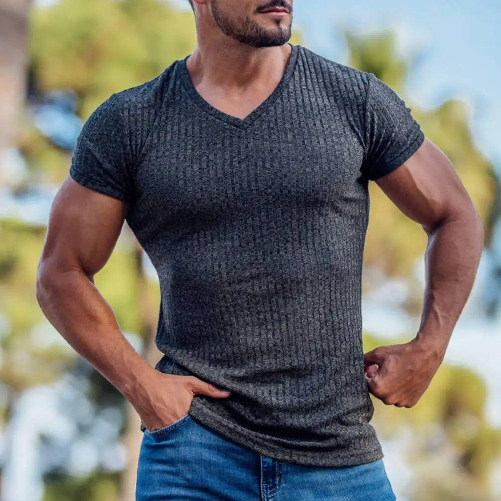 High Stretch Ice Silk Knit Stripe POLO Shirts Mens Slim Short-Sleeve Tops Tee Tshirt Lapel Neck Undershirt