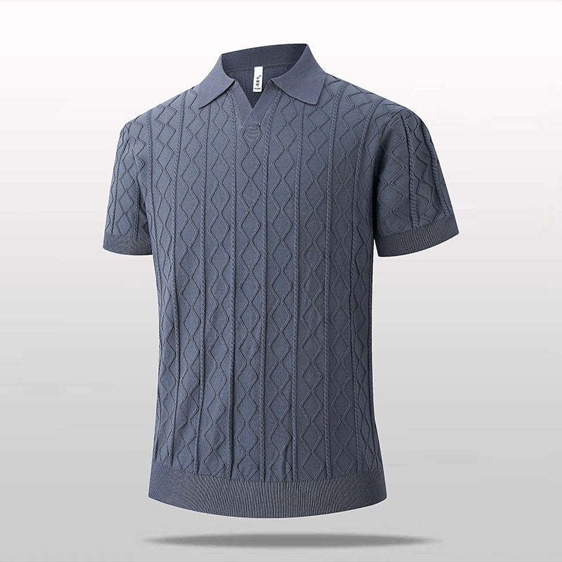 Knitted V-Neck Polo Shirt Men Short Sleeve