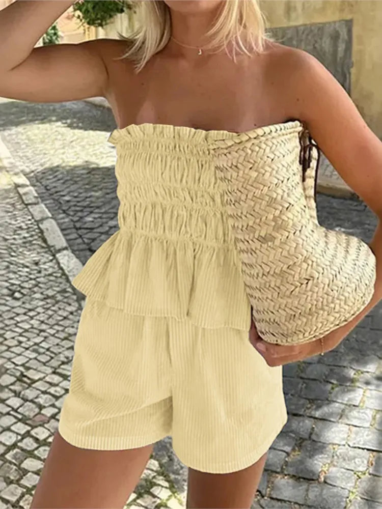 Casual Style Simple Bra Wooden Ear Top Shorts Two-piece Set  m