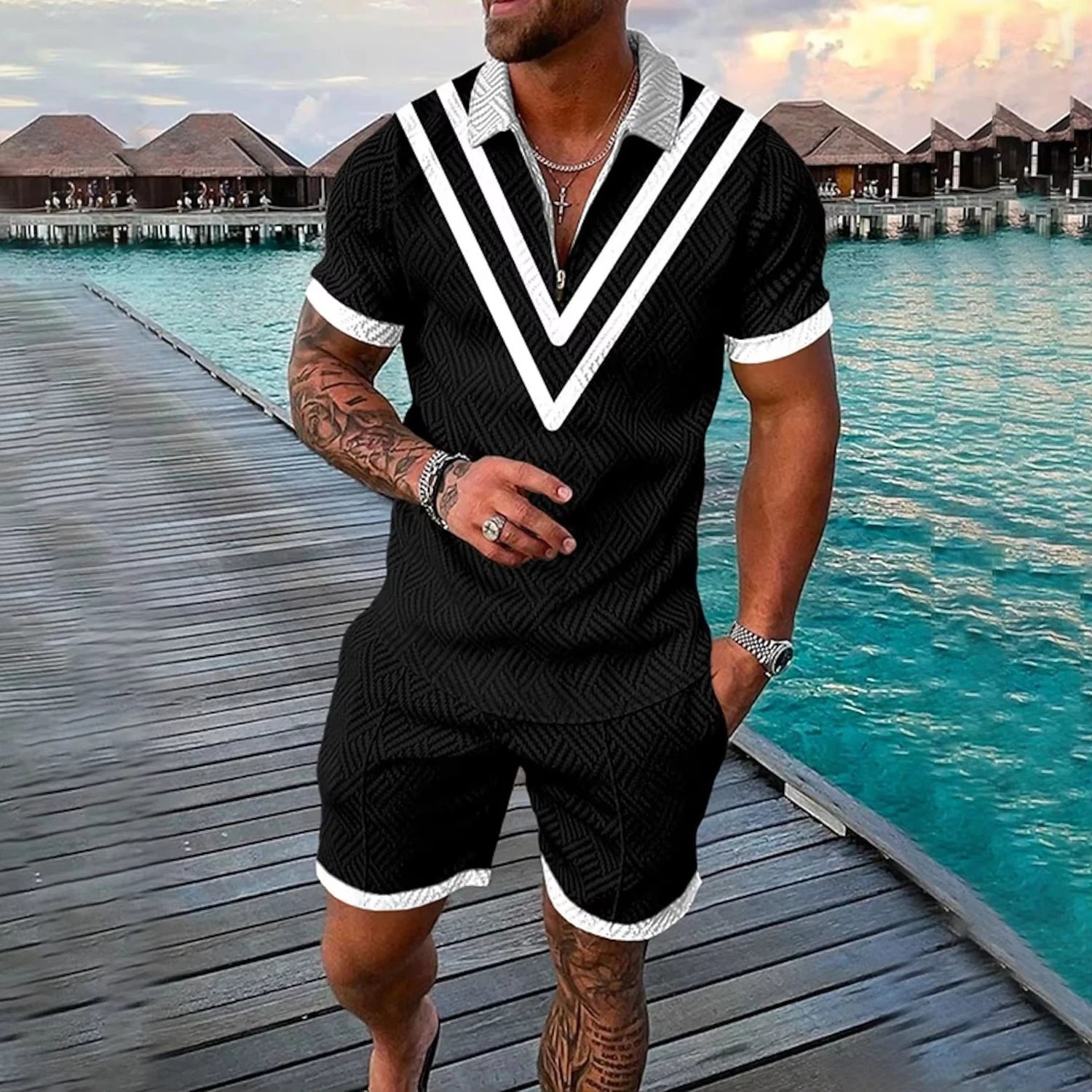 Summer 3D Print Men's Polo Shirt Set