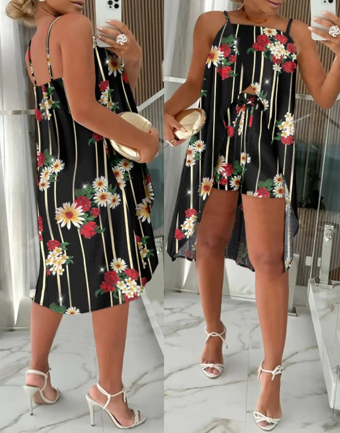 Sexy Elegant Floral Print Slit Longline Top & Shorts Set Womens Two Piece Sets Outfit New Fashion 2024 Summer Casual