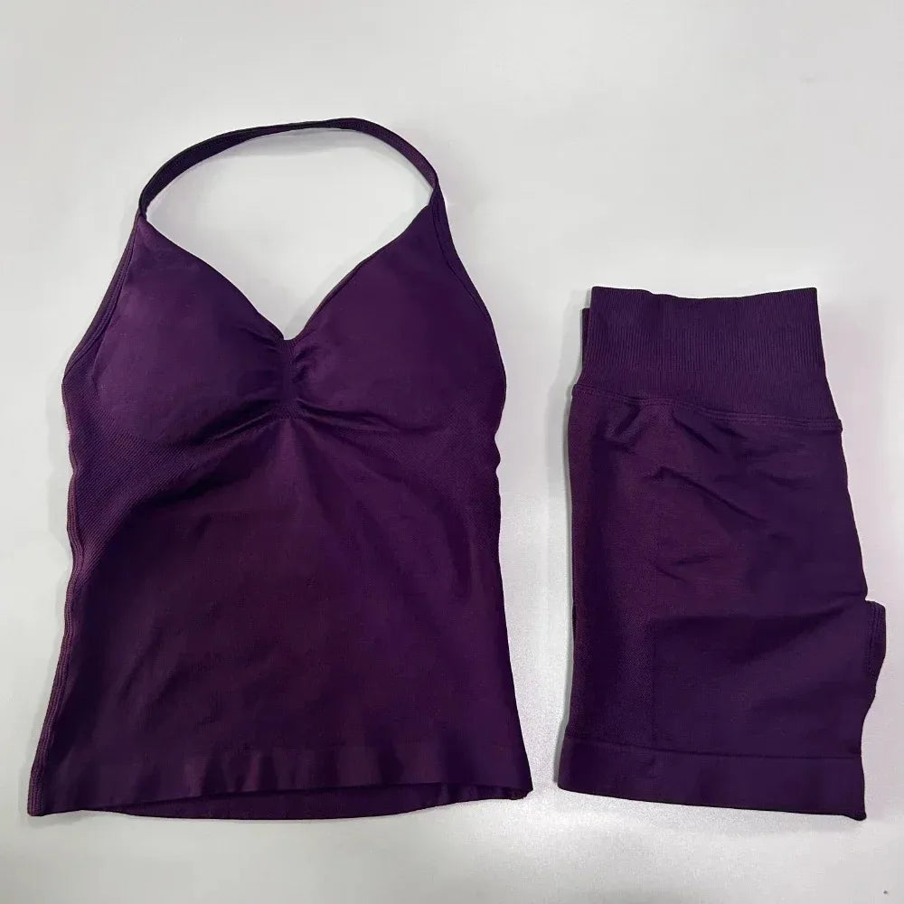2 Pieces Sport Set Women Backless Tank Tops High Waist Scrunch Seamless Shorts Sport Suit Gym Set Sportswear Workout Set