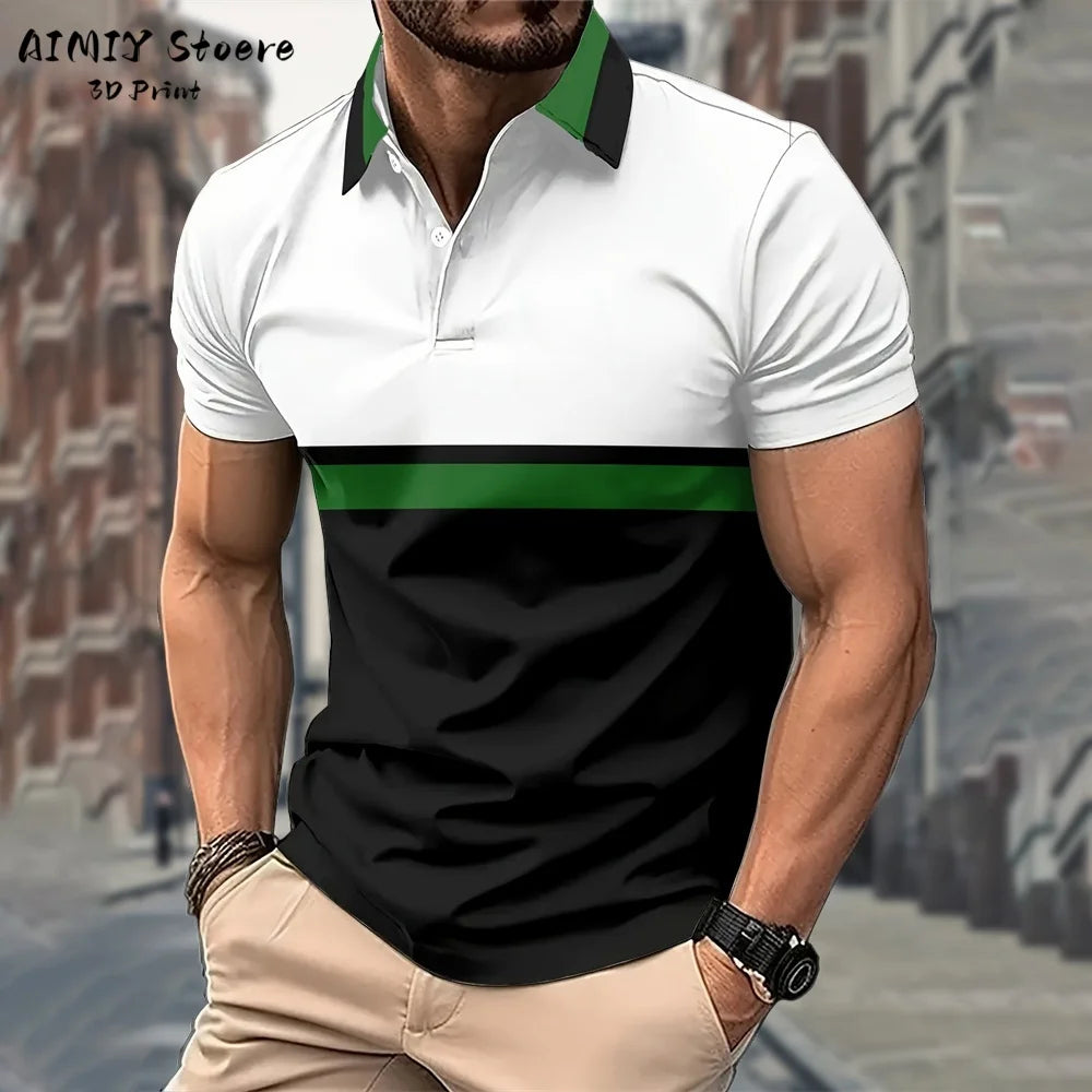Men's Polo Shirt Striped Polo Shirt Casual Men's Top Short Sleeve Lapel Shirt White Base Gray Stripe Versatile Business Wear