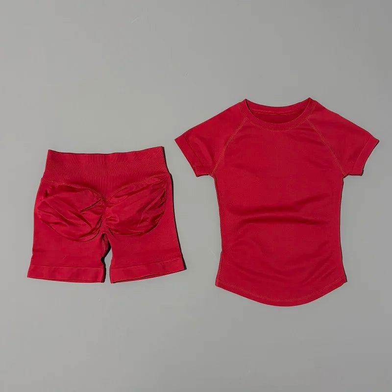 2 Pieces Impact Gym Sets Women Seamless knitted Yoga Short Sleeve Top Fitness Set Workout Running Sports Short Leggings Suit