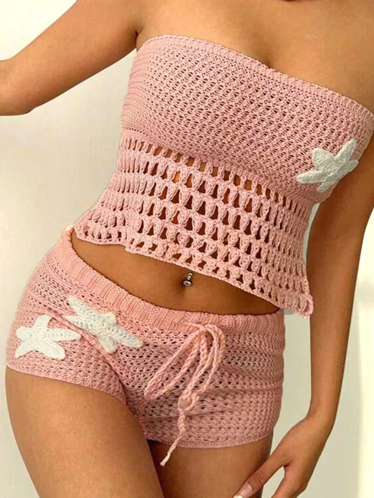 Sexy Crochet Crop Top Suit Women Strapless Backless Lace Up Tops Drawstring High Waist Shorts Female Sets  Summer Lady Suit