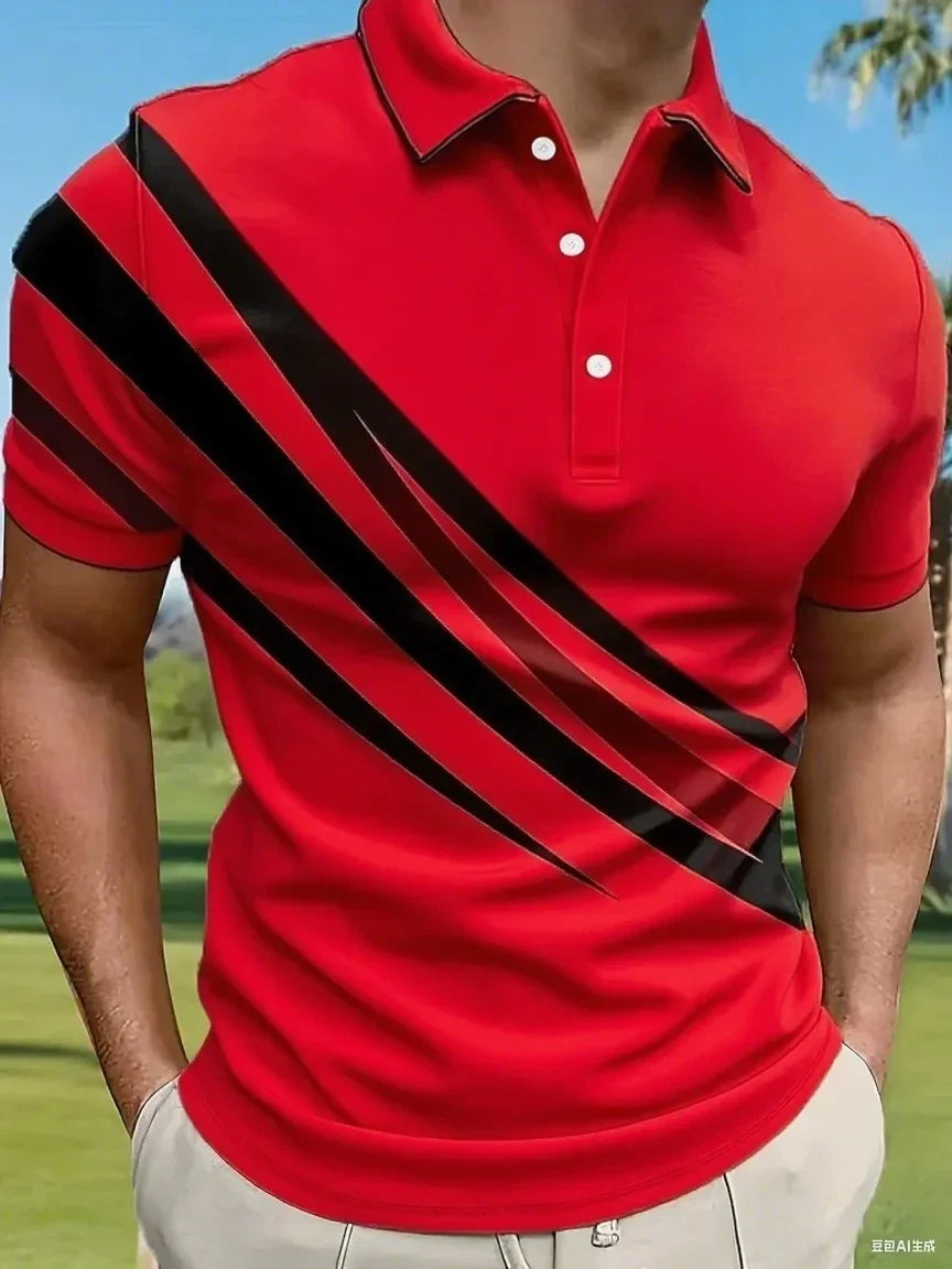 Summer Variegated Pattern Design Men's Short Sleeved White Button-up Polo Shirt Comfortable and Casual Daily Wear 100% Polyester