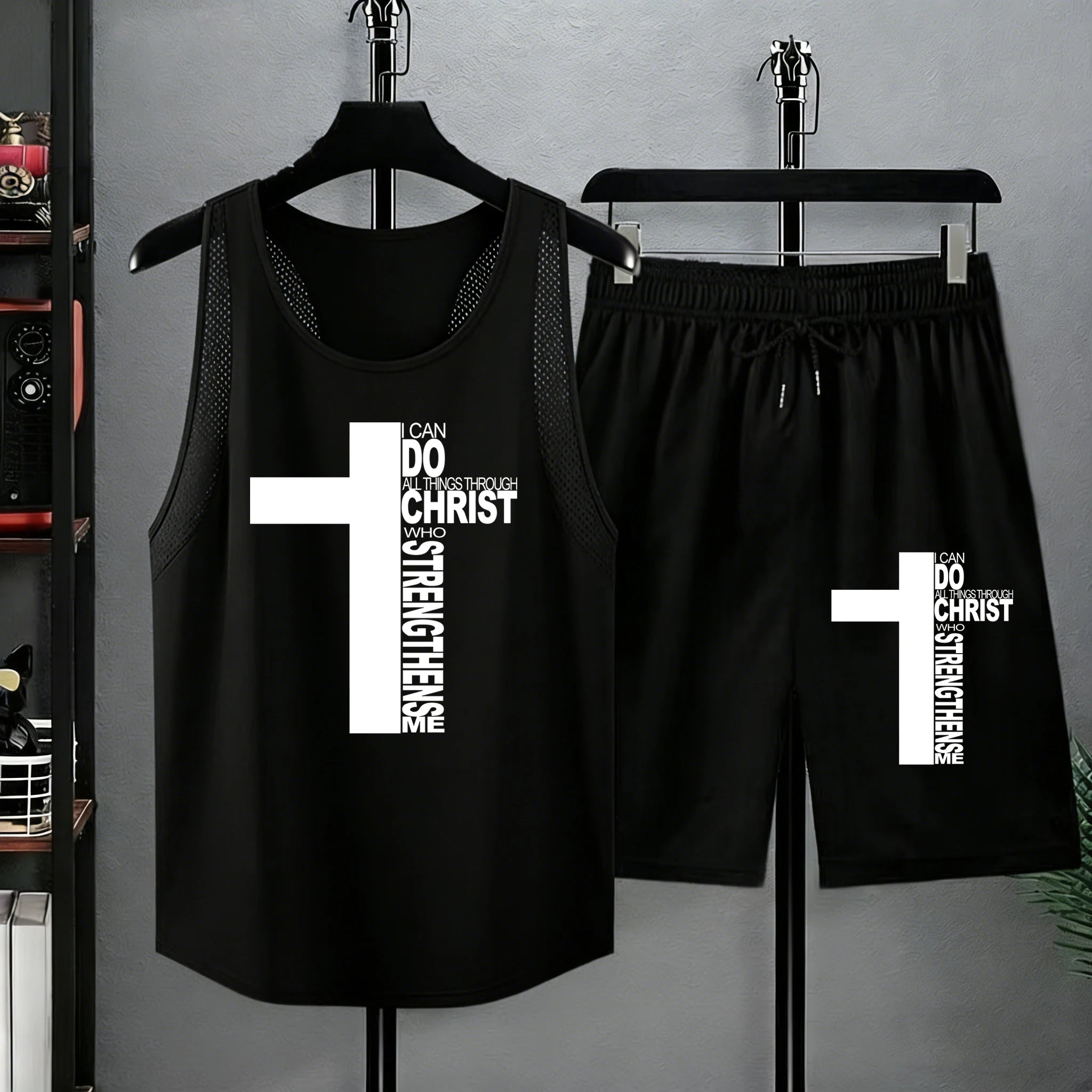 Christ Has Made Me Invincible Printed Summer Mens Comfy Tshirts Sets Running Casual Sportpants Mesh Daily Tank Top Beach Bottom