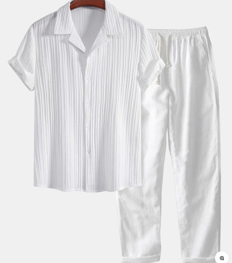 Mens Solid Color Short Sleeve Shirt and Pants Set