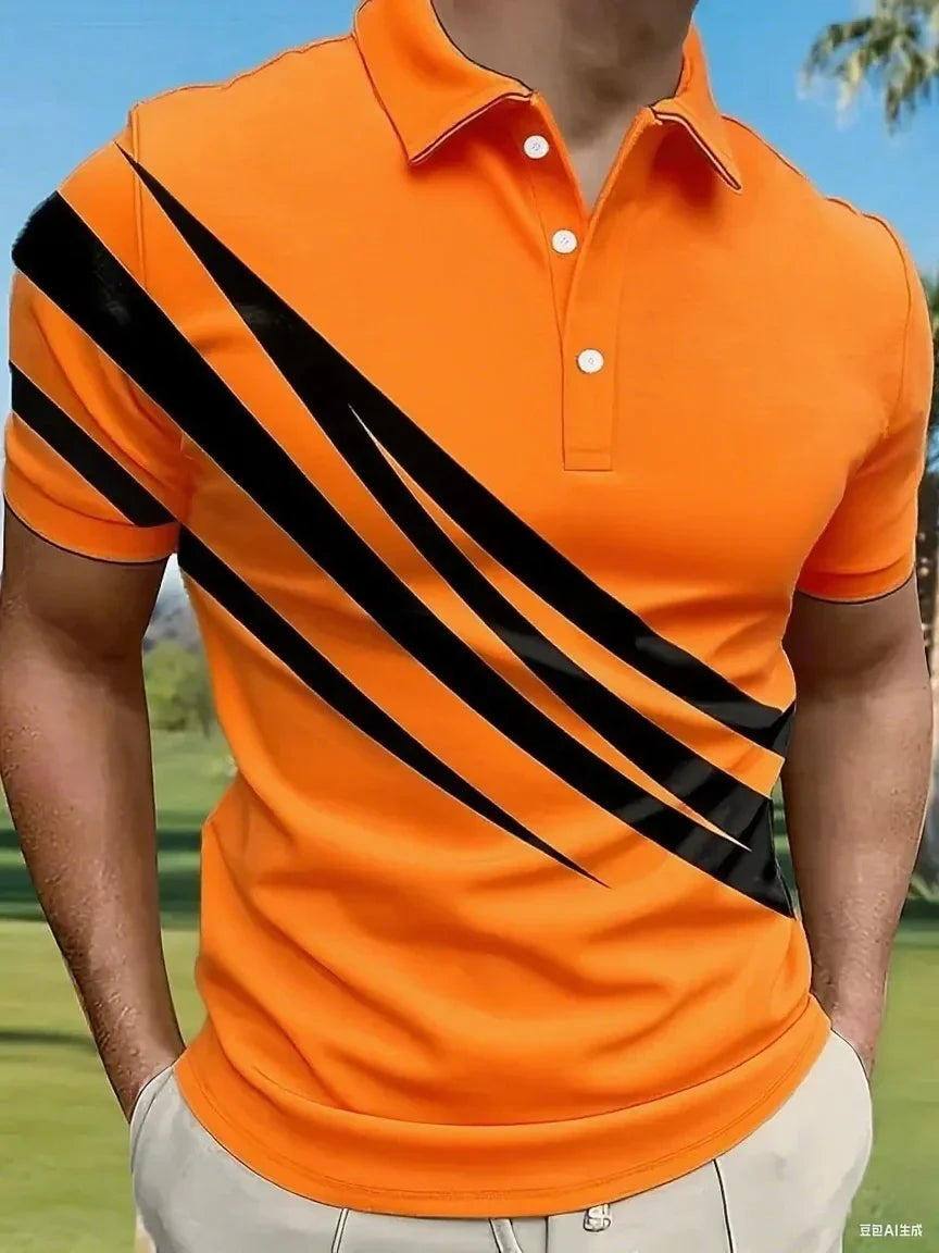 Summer Variegated Pattern Design Men's Short Sleeved White Button-up Polo Shirt Comfortable and Casual Daily Wear 100% Polyester