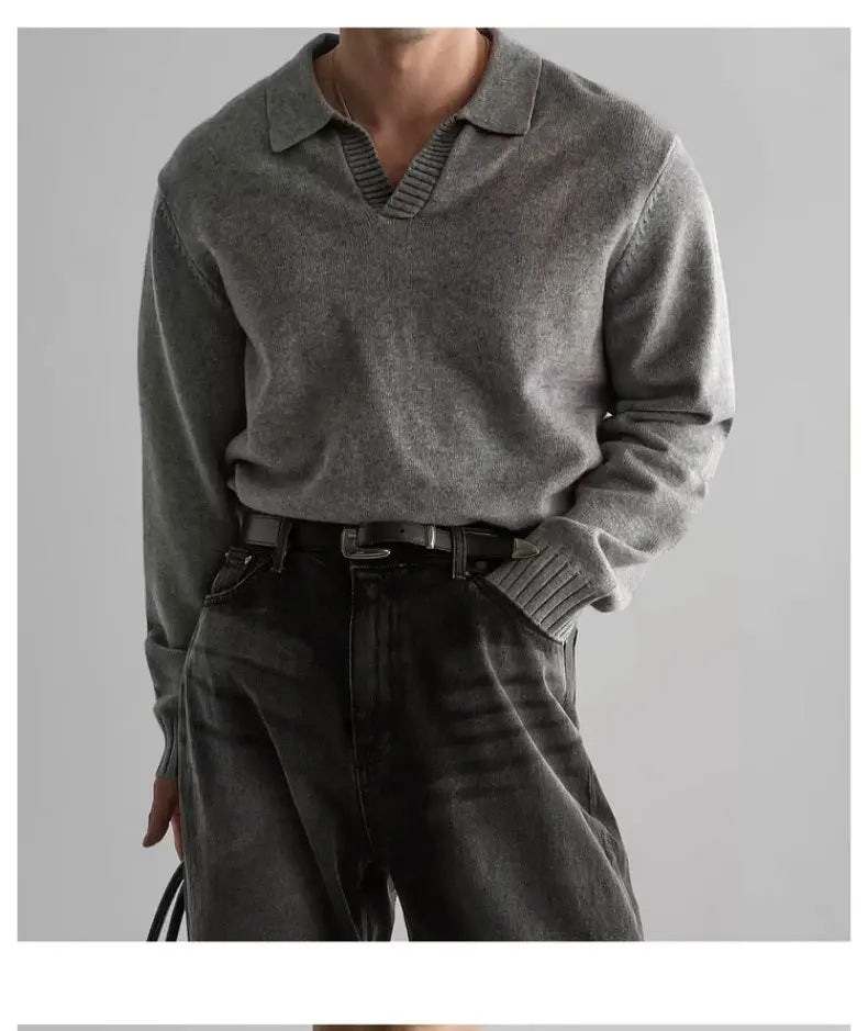 2025 New Oatmeal Color Turn Down Collar Pullover Polo Shirt Men Long Sleeve Regular Shoulder Casual Versatile Sweater Top