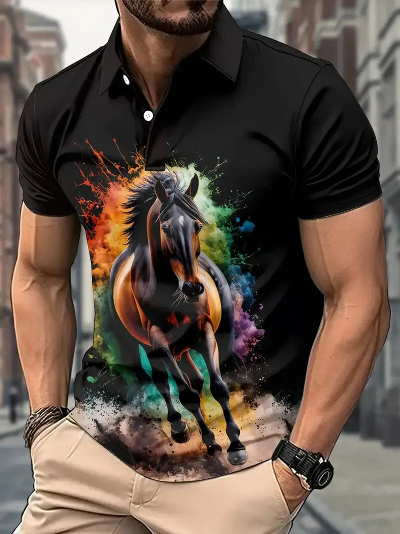 Men's Polo shirt Animal Graphic Print Outdoor Casual O Neck fine horse Short Sleeve Street Fashion  Male Oversized Clothing
