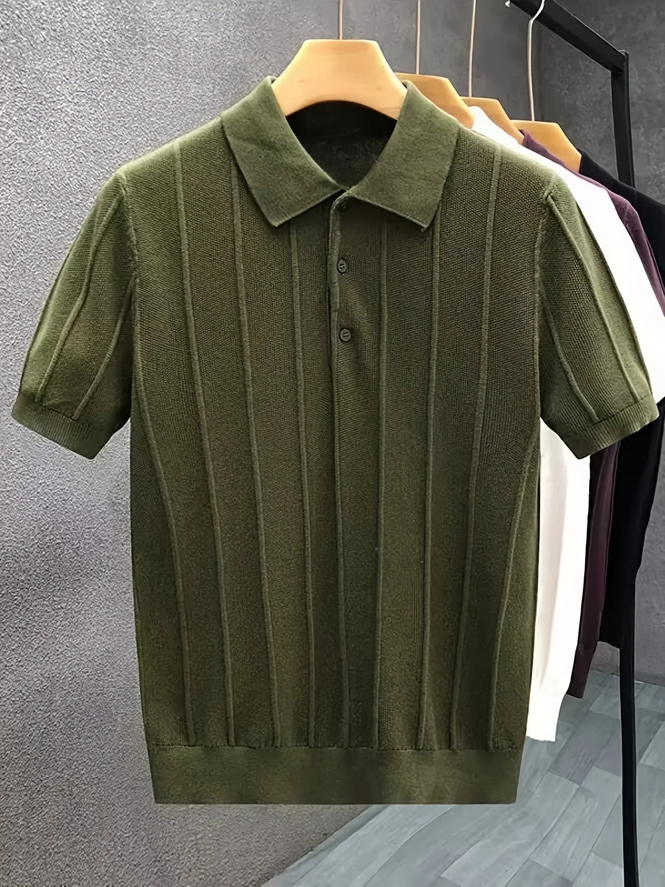 High-end luxury vertical stripe texture short-sleeved Polo shirt knitted top for men - summer new style solid-colored collar woo