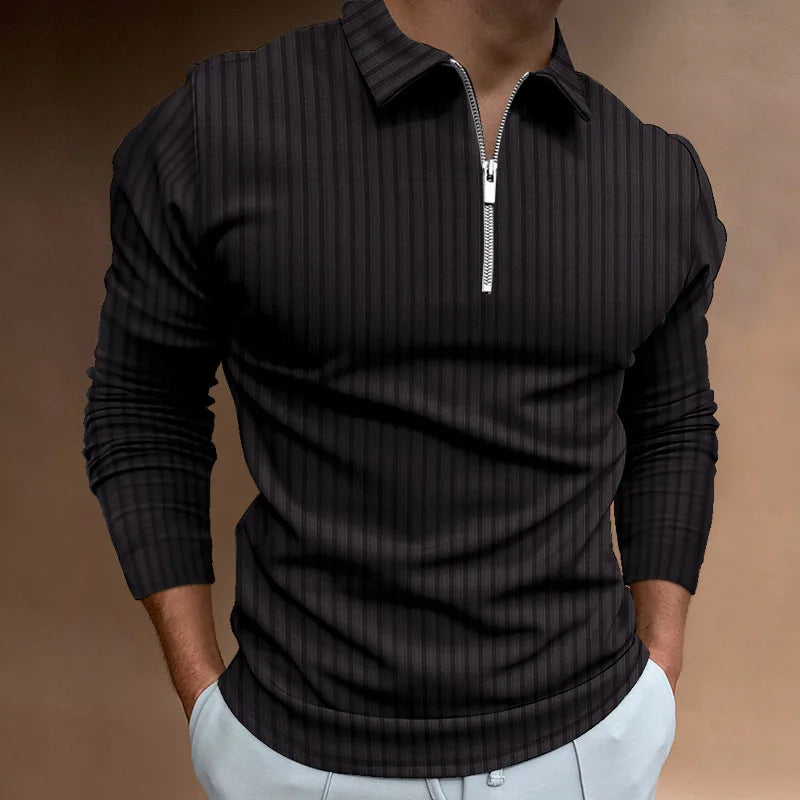 Cross-border spring and autumn men's POLO shirt fashion trend zipper striped long-sleeved men's polo shirt