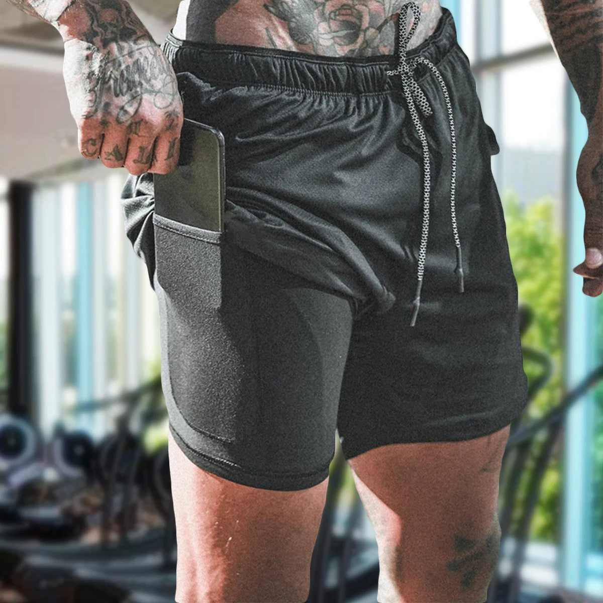 2 in 1 Compression Shorts for Men Gym Workout Running Shorts with Phone Pockets Athletic Quick Dry Activewear Training Jogging