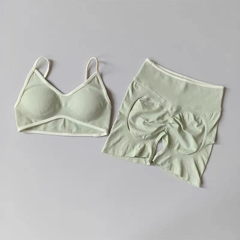 Peach Buttock Yoga Suit Women Gym Seamless Suspender Gathering Bra High Waist Hip Lifting Belly Tightening Shorts Fitness Set