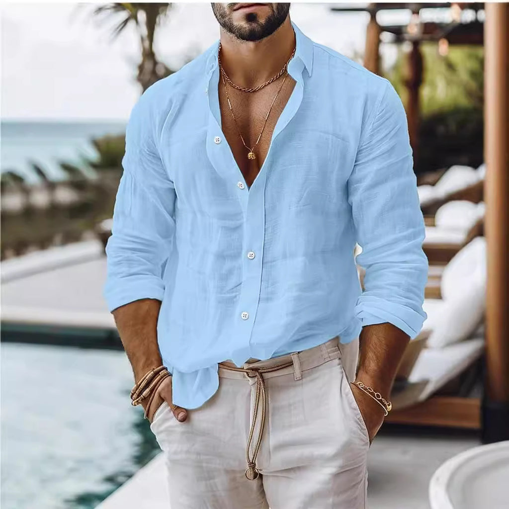 Solid-color cotton-linen shirt