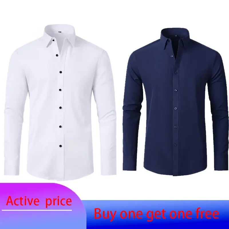 6xl New summer black men's shirt elastic force non-iron long-sleeved business casual shirt solid color mercerized vertical