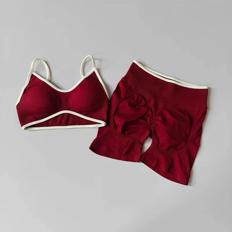 Peach Buttock Yoga Suit Women Gym Seamless Suspender Gathering Bra High Waist Hip Lifting Belly Tightening Shorts Fitness Set