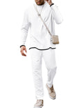 Babioboa Mens Winter Solid Tee Long Suit Casual T Shirt Tracksuit Waffle Striped Long Sleeve TShirt Set(WhiteXL)