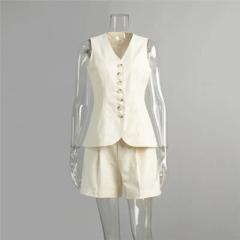 New Summer Women 2 Piece Cotton Linen Shorts Set, Fashion Office Lady Button Tank Vest Top Pocket Shorts Suit, Casual Outfits