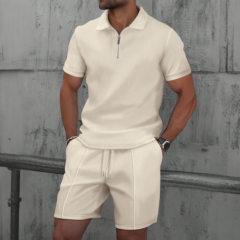 Waffle Fabric Men's Short Sleeve Polo Suit