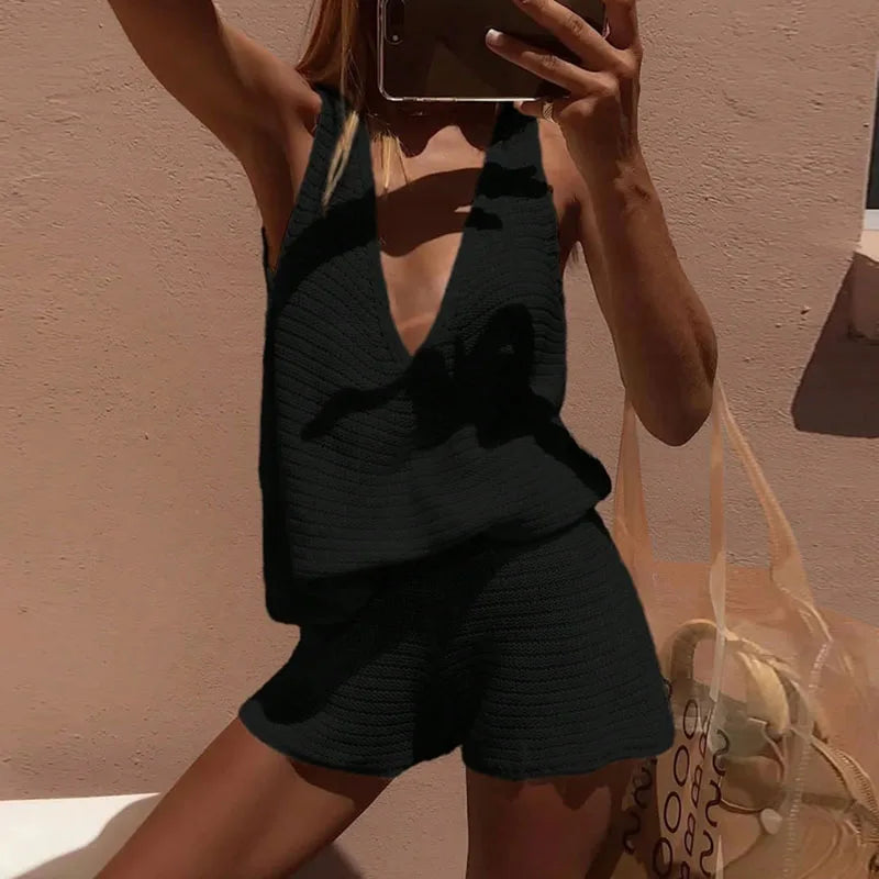 Spring Casual Solid Knit 2 Piece Set Sexy Deep V Neck Vest Top And Shorts Outfit New Summer Beach Vacation Women's Suit Harajuku