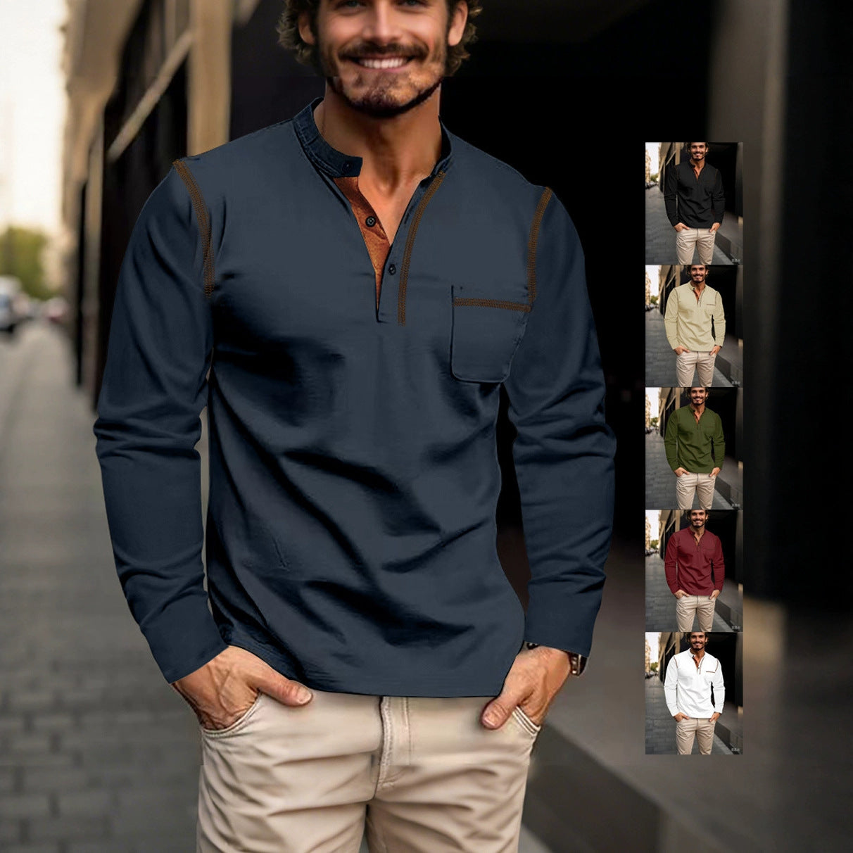 Men's Long Sleeve Stand Collar Polo Shirt