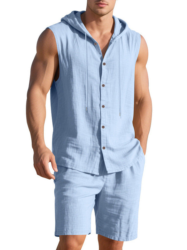 Men's Linen Hooded Vest and Shorts Set