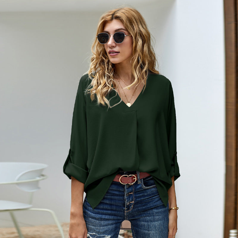 Casual Solid Color V-neck Long Sleeve Loose Shirt