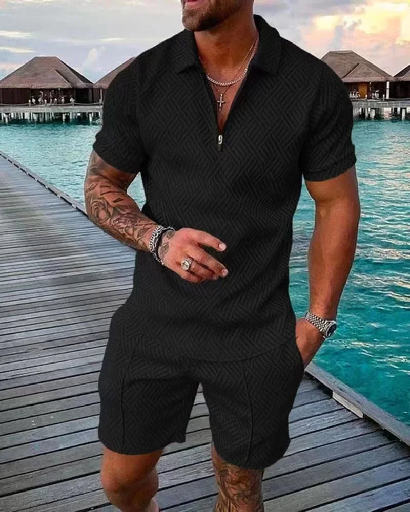 V-neck Zipper Short Sleeve POLO Shirt+Shorts