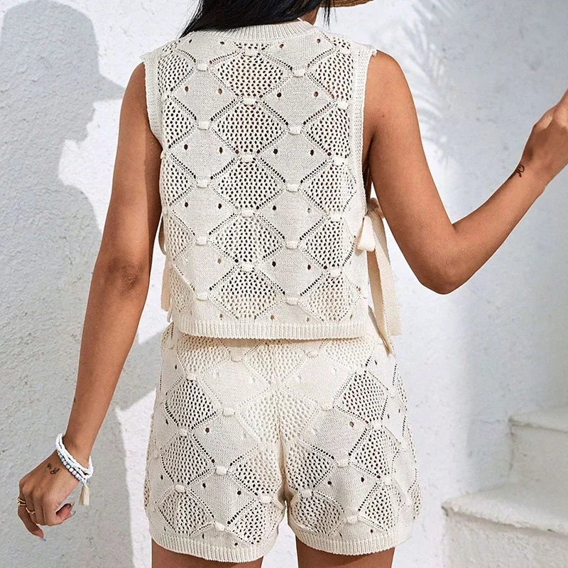Handmade Knitted Vest Summer Style Hollow Solid Versatile Loose Design Round Neck Sleeveless Top Shorts Two Piece Set Women's