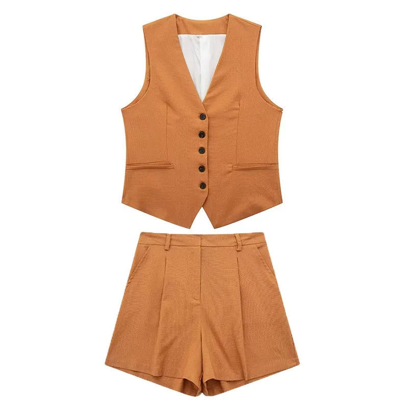 HH Fashion Vintage Sets For Women 2 Pieces Solid Linen V Neck Waistcoat Single Breasted Loose Vest Top Chic Casual Short Y2k
