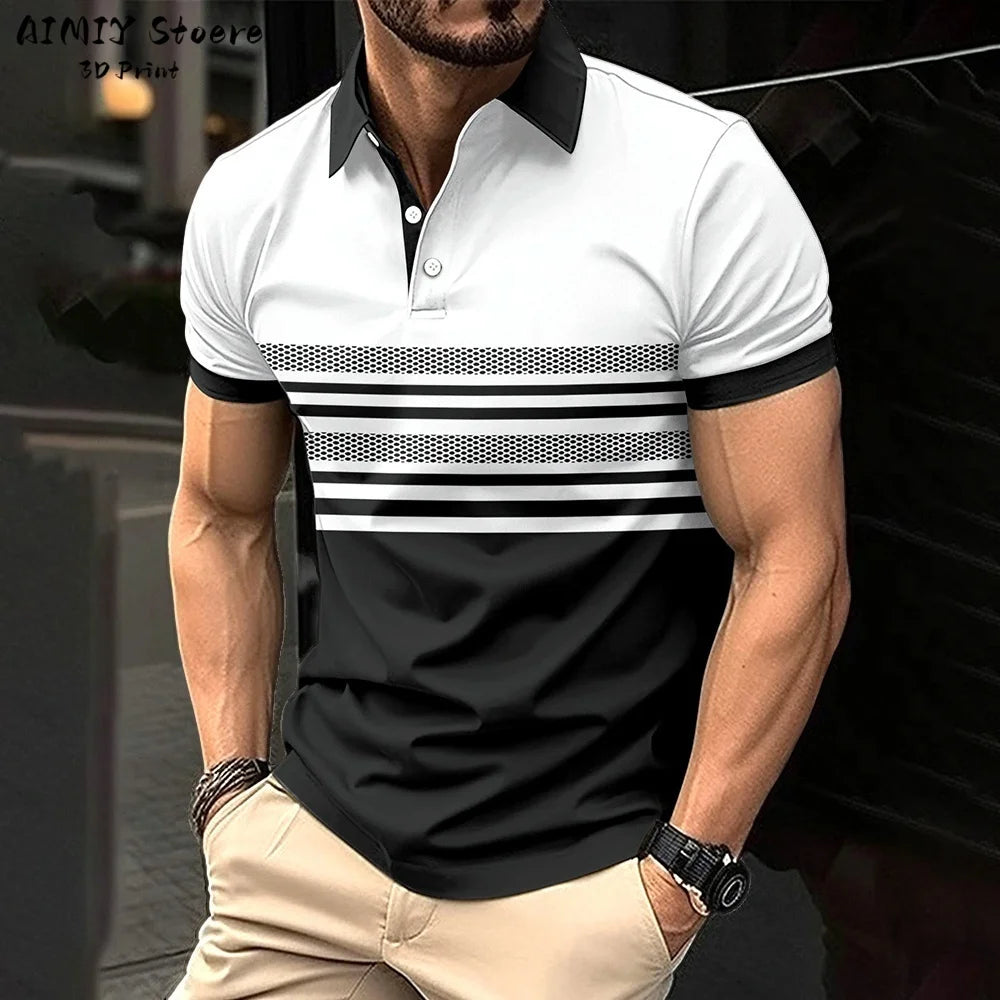 Men's Polo Shirt Striped Polo Shirt Casual Men's Top Short Sleeve Lapel Shirt White Base Gray Stripe Versatile Business Wear