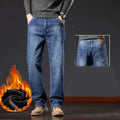 Men Snow Warm Plush Fleece Baggy Straight Leg Jeans Male Smart Casual Stretch Denim Pants Winter Thermal Smoke Gray Trousers