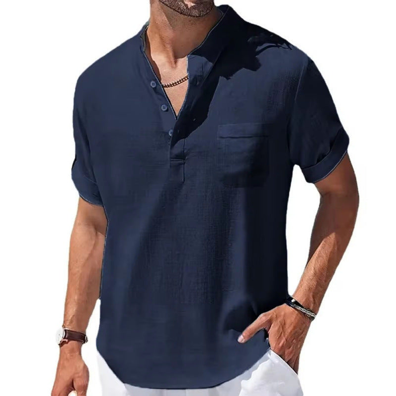 Men's Linen Short Sleeve Shirt with Stand Collar