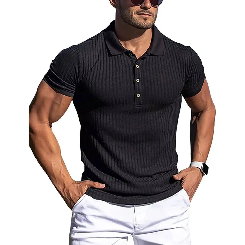 High Stretch Ice Silk Knit Stripe POLO Shirts Mens Slim Short-Sleeve Tops Tee Tshirt Lapel Neck Undershirt